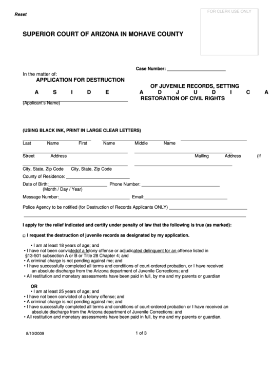 Fillable Application Form For Destruction Of Juvenile Records, Setting Aside Adjudications, And/or Restoration Of Civil Rights - Mohave County Printable pdf