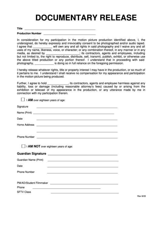 Documentary Release Form Printable pdf