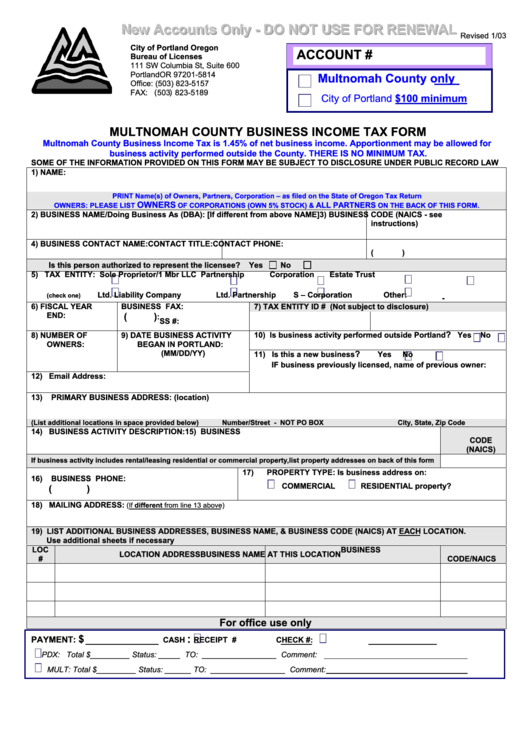 Multnomah County Business Income Tax Form - 2003 Printable pdf