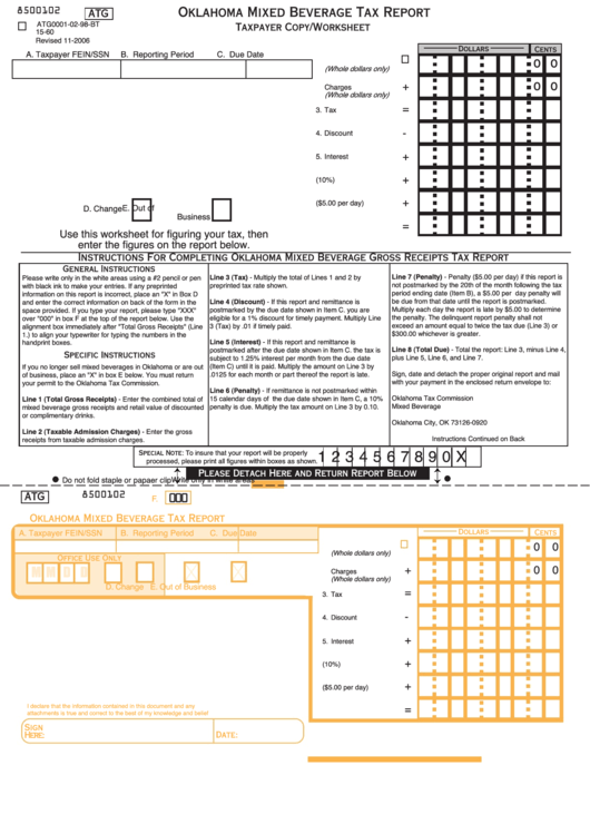 Fillable Form Atg0001-02-98-Bt - Oklahoma Mixed Beverage Tax Report - 2006 Printable pdf