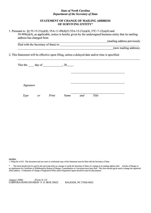 Fillable Form N-13 - Statement Of Change Of Mailing Address Of Surviving Entity Printable pdf