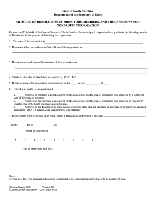 Fillable Form N-06 - Articles Of Dissolution By Directors, Members, And Third Persons For Nonprofit Corporation Printable pdf