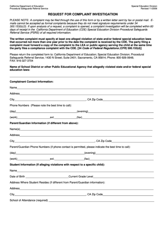 Complaint Investigation Request Form - California Department Of Education Printable pdf