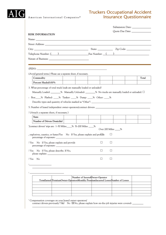 Truckers Occupational Accident Insurance Questionnaire Form Printable pdf
