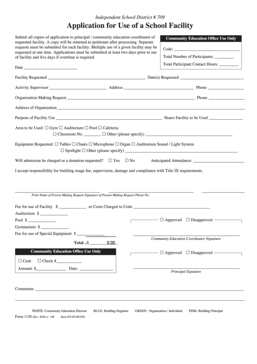 Fillable Application For Use Of A School Facility Form Printable pdf