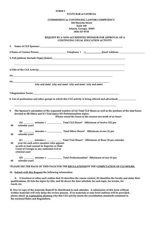 Fillable Form 2 - Non-Accredited Sponsor Request For Approval Of A Continuing Legal Education Activity - State Bar Of Georgia Printable pdf