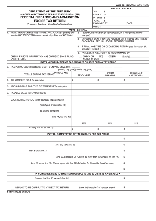 Form Ttb F 5300.26 - Federal Firearms And Ammunition Excise Tax Return Printable pdf