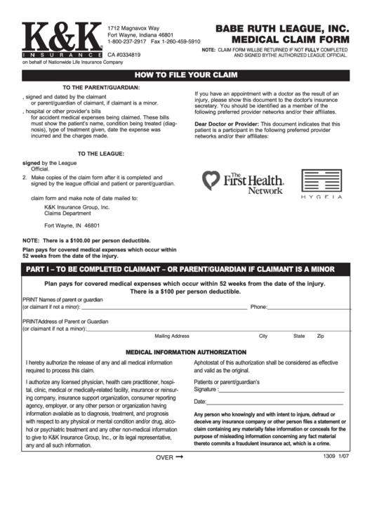Accident Proof Of Loss Claim Form - Babe Ruth League, Inc. Printable pdf