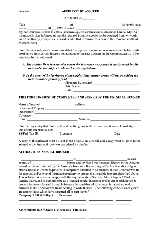 Form Br-7 - Affidavit By Assured printable pdf download