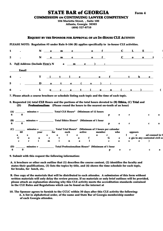 Fillable Form 4 - Request By The Sponsor For Approval Of An In-House Cle Activity Printable pdf