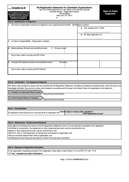 Form Char410-R - Re-Registration Statement For Charitable Organizations - 2010 Printable pdf
