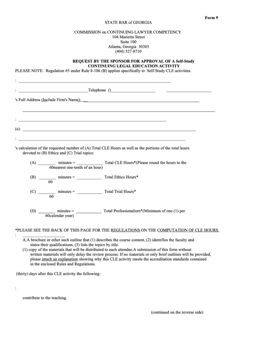 Fillable Form 9 - Sponsor Request For Self-Study - State Bar Of Georgia Printable pdf