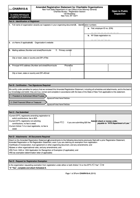 Form Char410-A - Amended Registration Statement For Charitable Organizations - 2010 Printable pdf