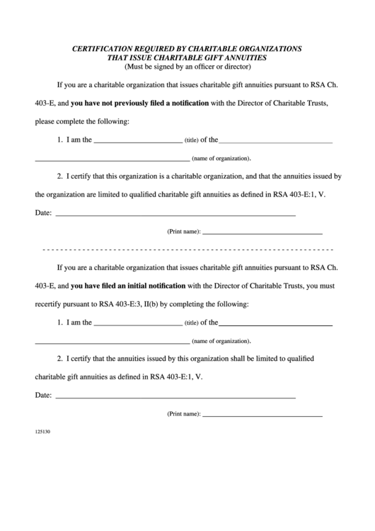 Certification Form Required By Charitable Organizations That Issue Charitable Gift Annuities Printable pdf