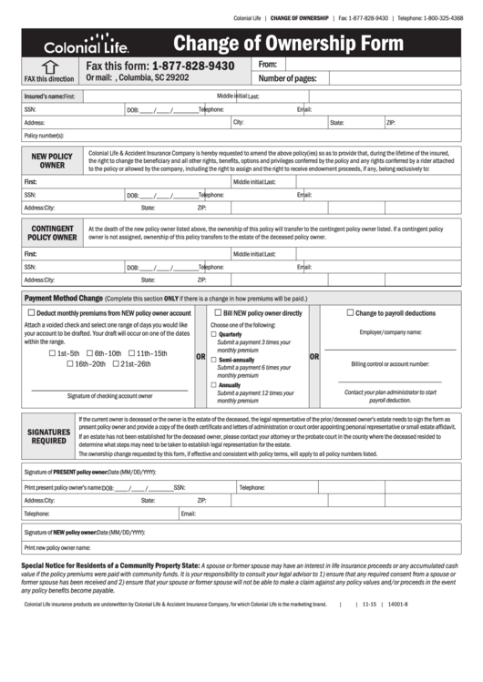 Fillable Change Of Ownership Form - Colonial Life Printable pdf
