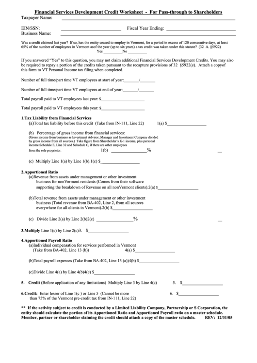 Financial Services Development Credit Worksheet - For Pass-Through To Shareholders Printable pdf