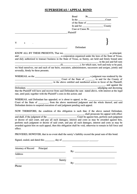 Fillable Supersedeas / Appeal Bond Form - State Of Texas Printable pdf