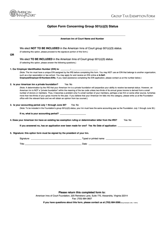 Option Form Concerning Group 501(c)(3) Status