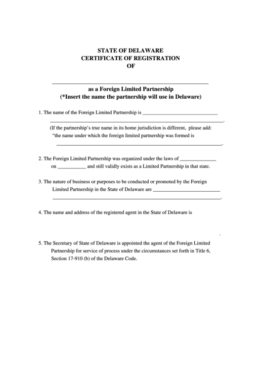 Fillable Certificate Of Registration Form As A Foreign Limited Partnership - Delaware Secretary Of State Printable pdf
