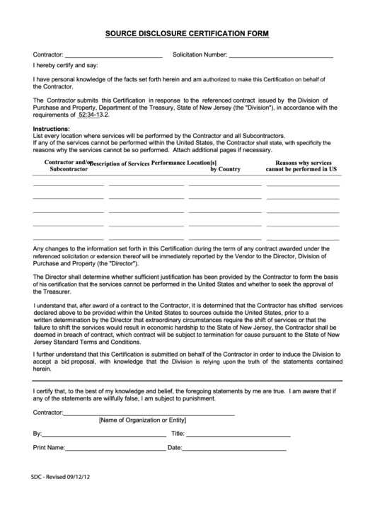 Fillable Source Disclosure Certification Form Printable pdf