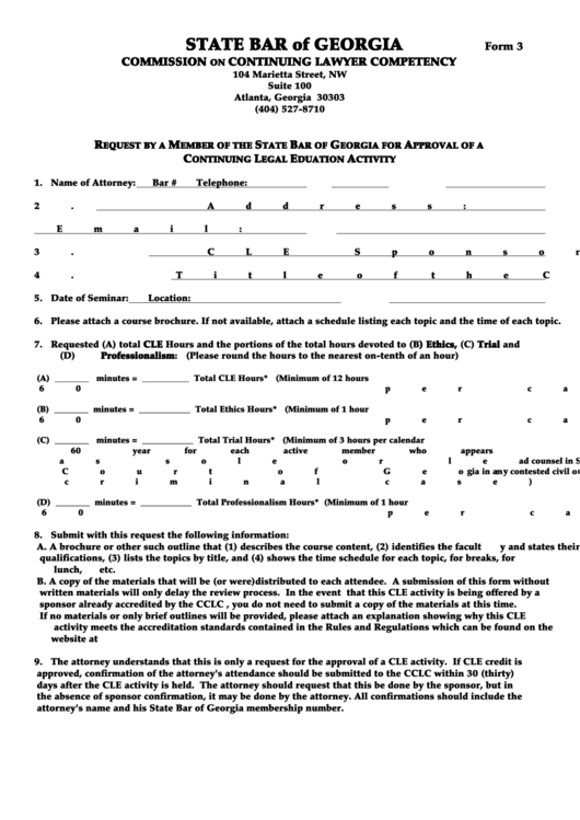 Fillable Form 3 - Member Request For Continuing Legal Education Activity Printable pdf