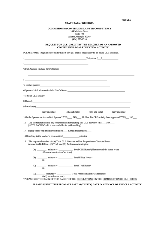 Fillable Form 6 - Teacher Credit Request - State Bar Of Georgia Printable pdf