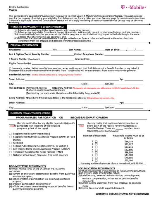 Lifeline Application - Virginia T-Mobile Printable pdf