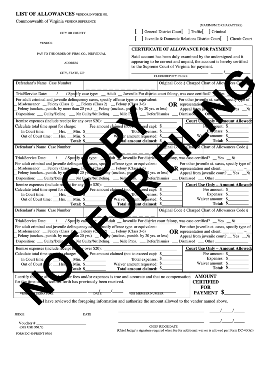 Form Dc-40 - List Of Allowances - Virginia Printable pdf