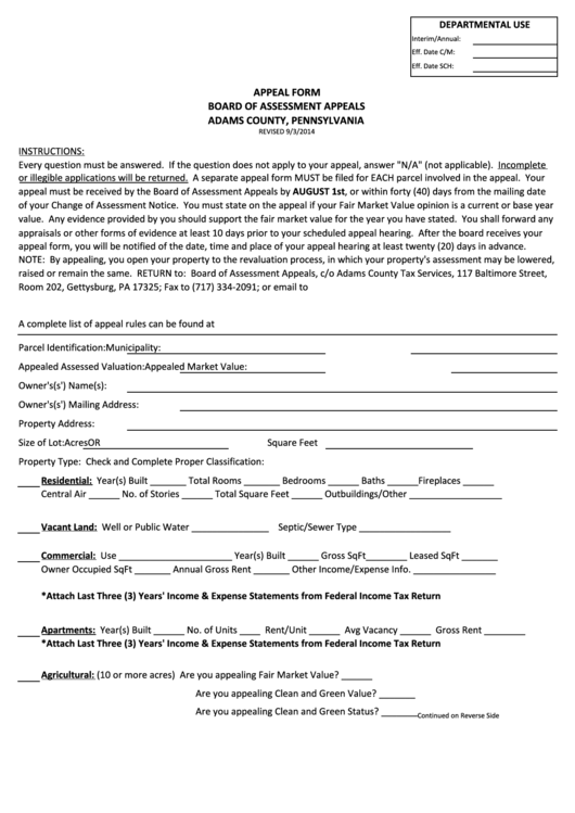 Appeal Form - Adams County, Pennsylvania Printable pdf