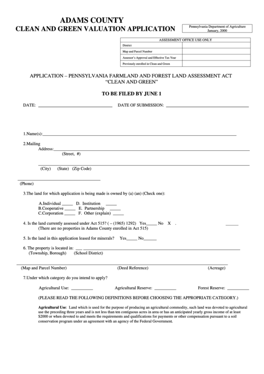 Clean And Green Application Form - Adamss County, Pennsylvania Department Of Agriculture Printable pdf