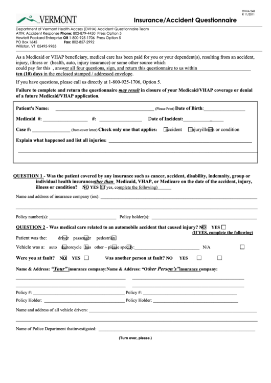 Fillable Incident/accident Questionnaire Template - Department Of Vermont Health Access Printable pdf
