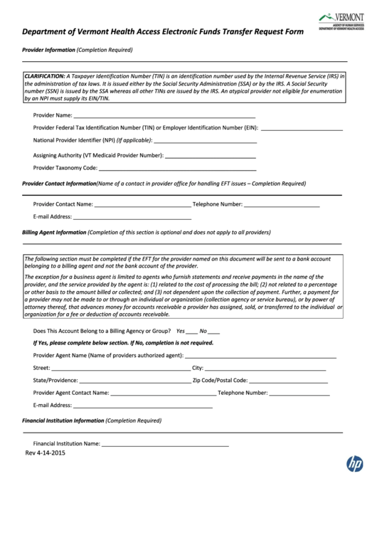 Department Of Vermont Health Access Electronic Funds Transfer Request Form Printable pdf