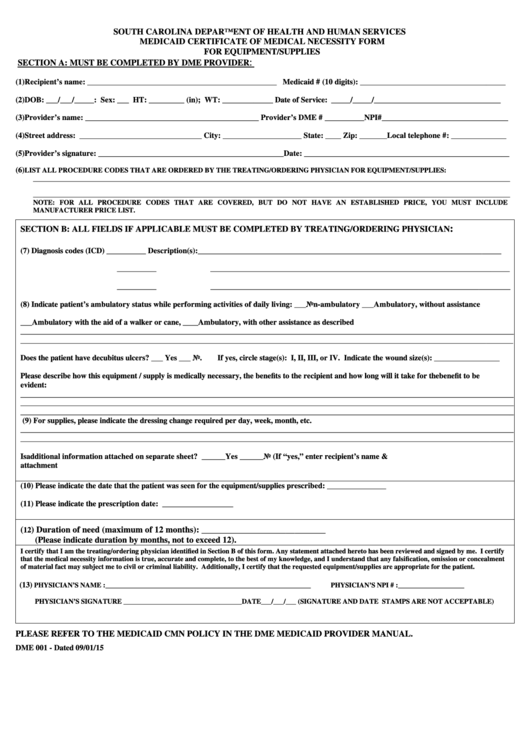 Medicaid Certificate Of Medical Necessity Form South Carolina Department Of Health Printable 3233