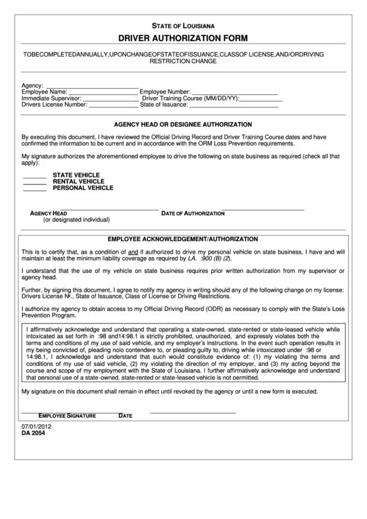 Fillable Driver Authorization Form - State Of Louisiana Printable pdf