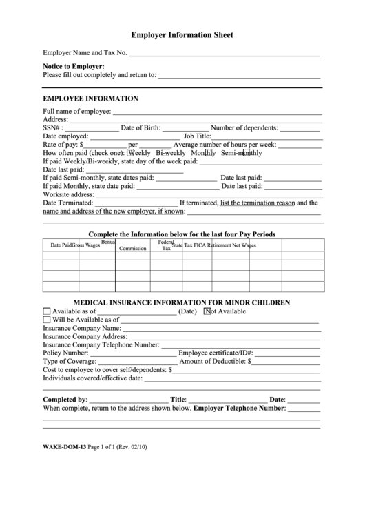 Fillable Employer Information Sheet Printable pdf