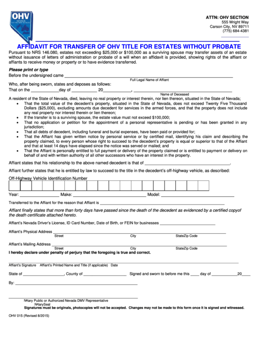 Fillable Form Ohv 015 - Affidavit For Transfer Of Ohv Title For Estates Without Probate Printable pdf