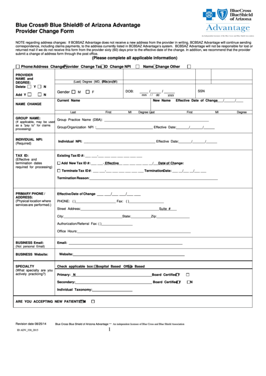 Provider Change Form - Blue Cross Blue Shield Arizona Advantage Printable pdf