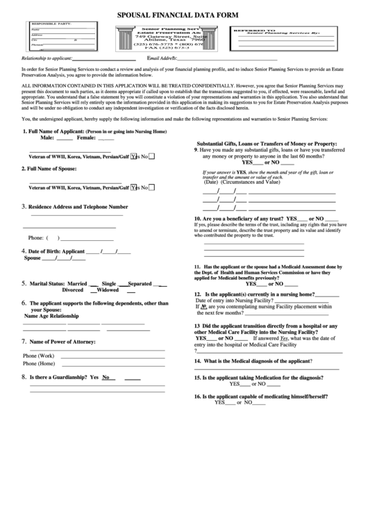 Spousal Financial Data Form Printable pdf