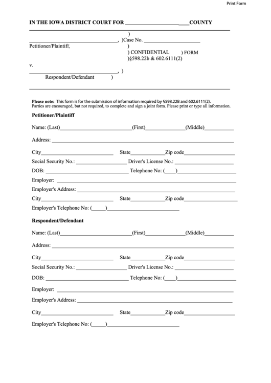 Fillable Iowa Confidential Information Sheet Printable pdf