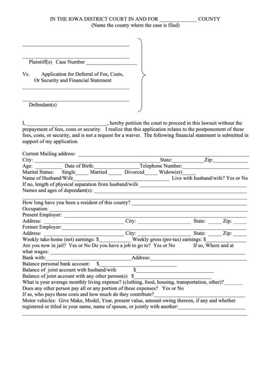 Application Form To Proceed In District Court Without Prepaying Fees Or Costs Printable pdf