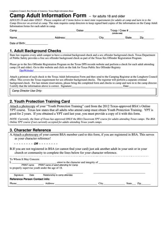 Camp Adult Information Form Printable pdf