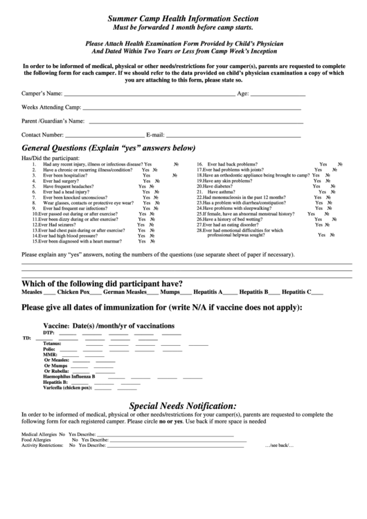 Summer Camp Health Information Form printable pdf download