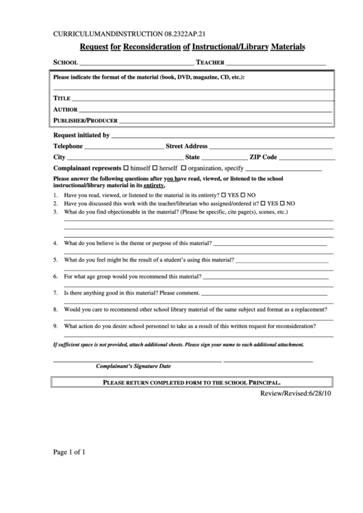 Request For Reconsideration Of Instructional/library Materials Form Printable pdf
