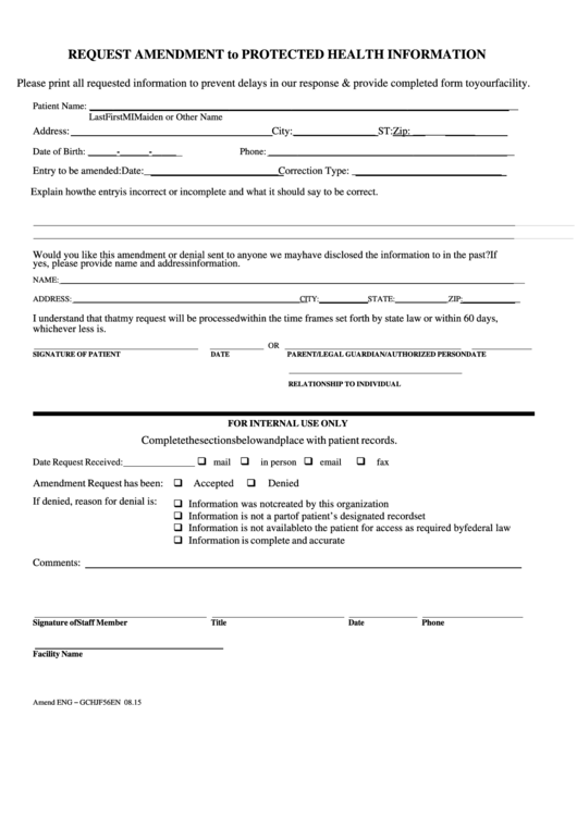 Request Amendment Form To Protected Health Information Printable pdf
