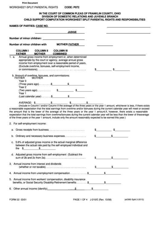 Fillable Child Support Computation Worksheet Split Parental Rights And Responsibilities Printable pdf