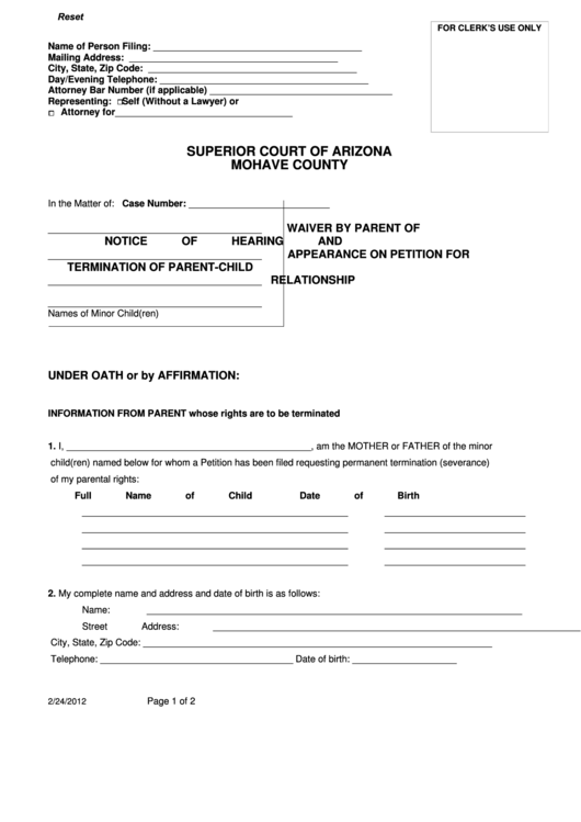 Fillable Waiver By Parent Of Notice Of Hearing And Appearance On Petition For Termination Of Parent-Child Relationship Form - Mohave County Printable pdf