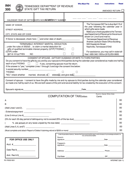 Fillable Form Inh 300 - State Gift Tax Return Printable pdf