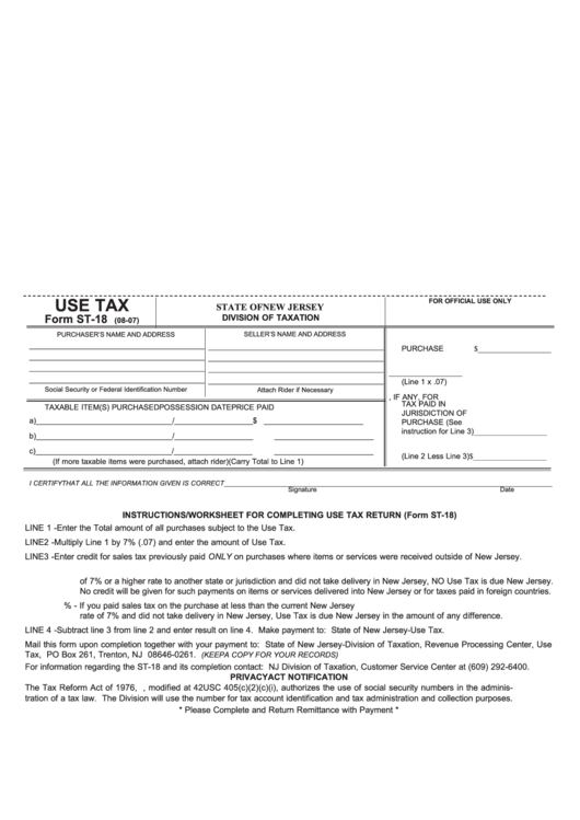 Fillable Form St-18 - Use Tax - New Jersey Division Of Taxation Printable pdf