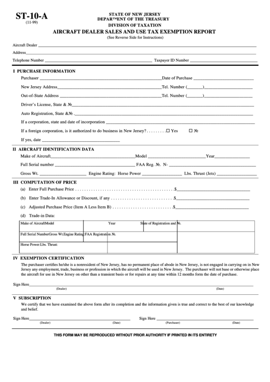 Fillable Form St-10-A - Aircraft Dealer Sales And Use Tax Exemption Report - 1999 Printable pdf