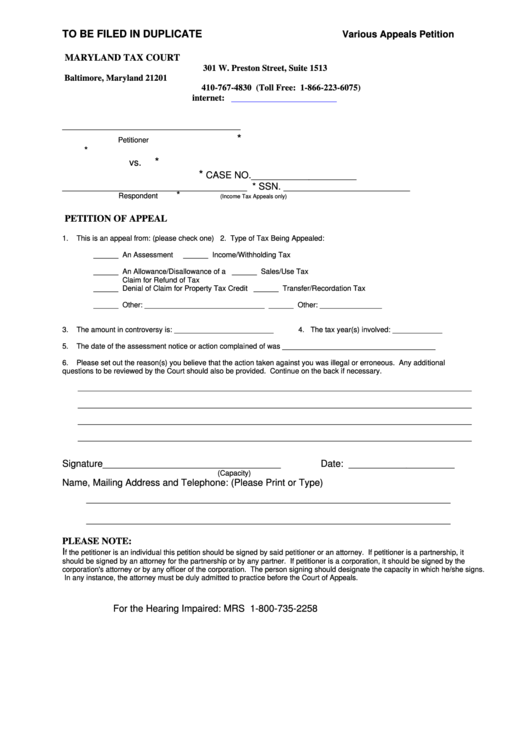 Petition Of Appeal - Various Appeals Petition - Maryland Tax Court Printable pdf